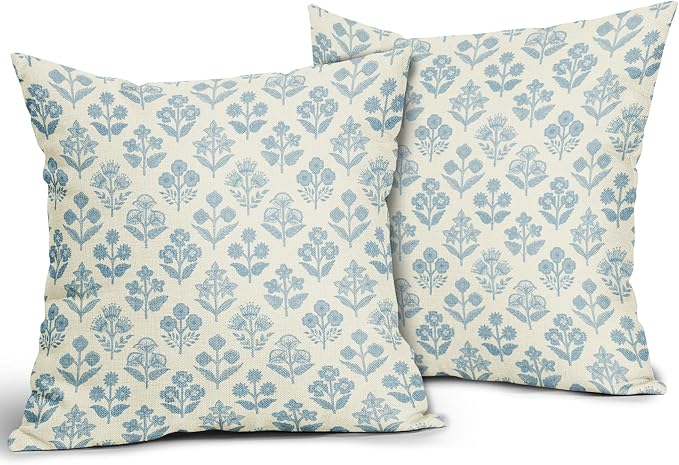 Light Blue Floral Pillow Covers 16x16 Inch Set of 2, Vintage Flower Block Print - Image 2