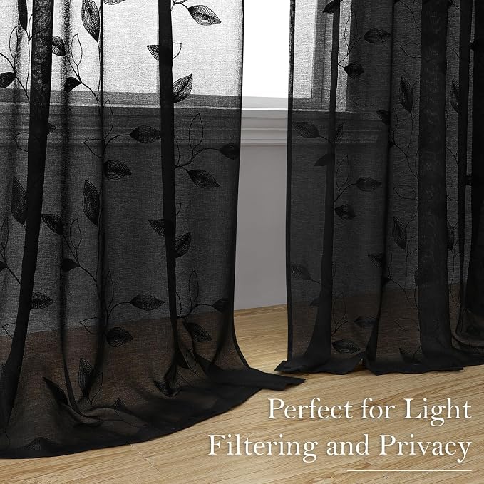HOMEIDEAS Black Sheer Curtains 52 X 96 Inches Length 2 Panels Black Embroidered - Image 6