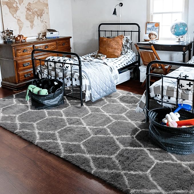 ONASAR 5x7 Area Rugs for Living Room Bedroom, Fluffy Grey and White Faux Fur - Image 8