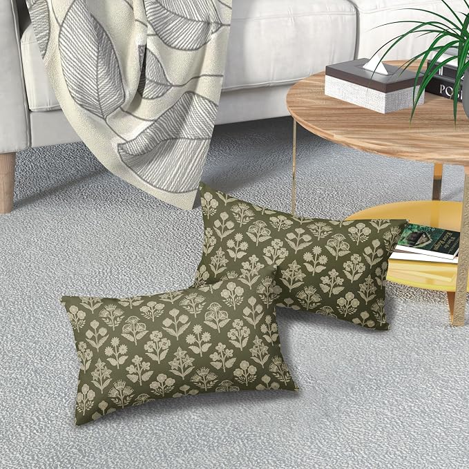 Olive Green Pillow Covers 12x20 Inch Set of 2, Cream Floral Block Print Pattern - Image 7