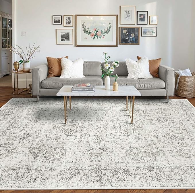 Rugxara 8x10 Washable Area Rug for Living Room, Extra Large Neutral Vintage by Rugxara