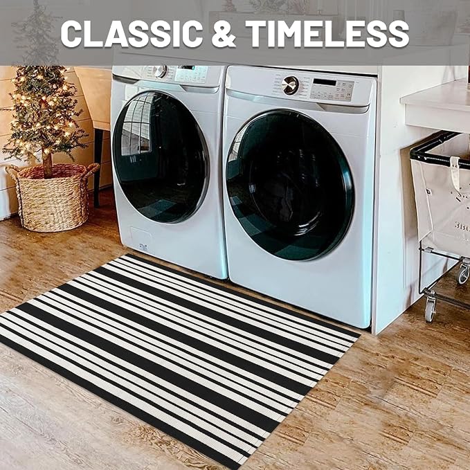 IOHOUZE Black and White Striped Rug 2'x3' Front Door Rugs, Small Washable Area - Image 4