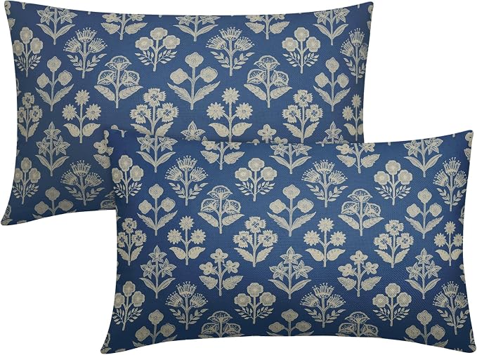 Blue Pillow Covers 12x20 Inch Set of 2, Cream Floral Block Print Pattern Lumbar by Sivirary