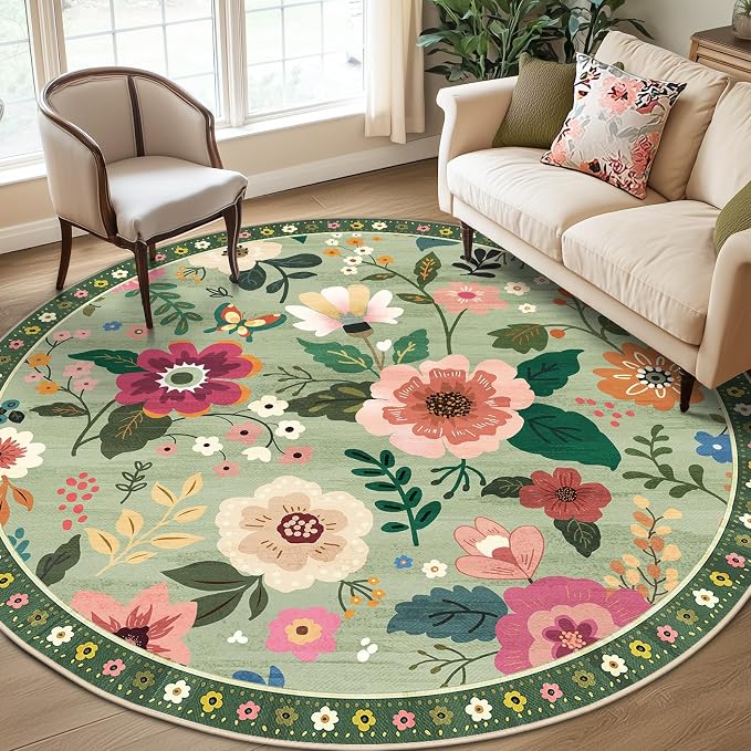 RELEANY Floral Nursery 8ft Area Rugs Washable Print Boho Cute Carpet Non Slip by RELEANY