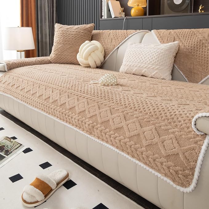 Geometric Jacquard Plush Warm Sofa Couch Cover, Soft Funny Fuzzy Couch Covers by MDSASFD