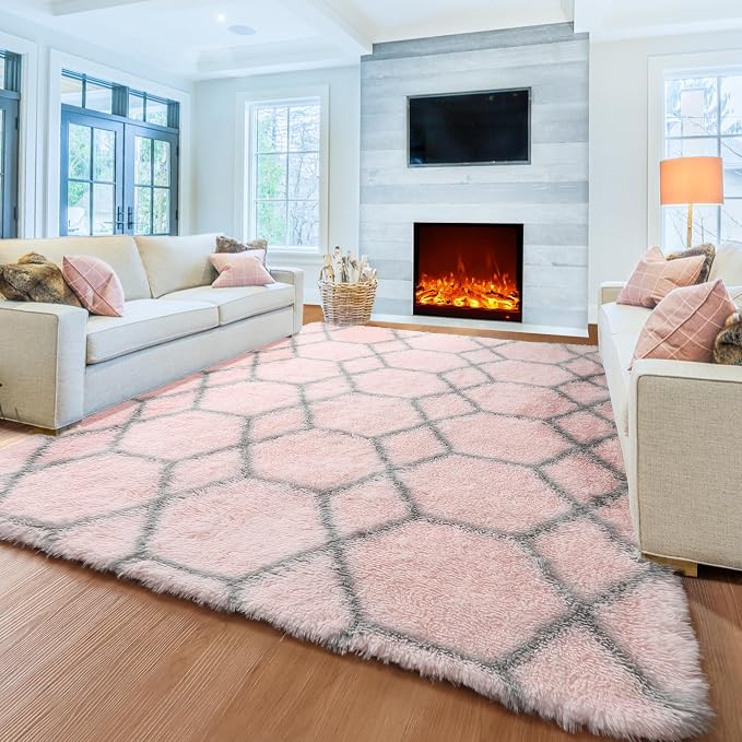 ONASAR 7x9 Area Rugs for Living Room Bedroom, Large Fluffy Pink and Grey Throw - Image 4