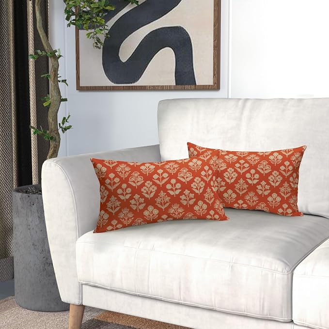 Dark Orange Pillow Covers 12x20 Inch Set of 2, Cream Floral Block Print Pattern - Image 6