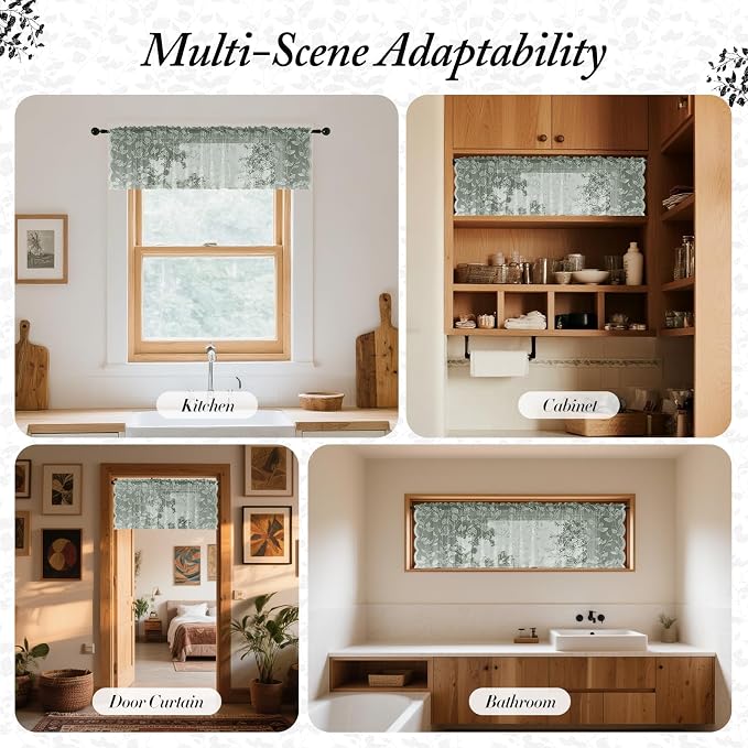 Rinwoc Sage Green Lace Semi-Sheer Valance Curtains 2 Panels – Vintage Leaf Lace - Image 4