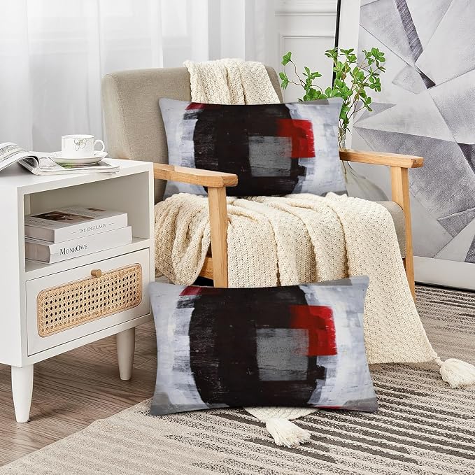 Red and Grey Abstract Art Pillow Cover, Modern Black White Decorative Throw - Image 5
