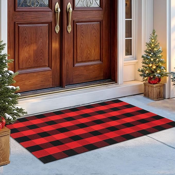 IOHOUZE Christmas Buffalo Plaid Rug 3x5 Ft Outdoor Indoor Doormat Red Black by iOhouze