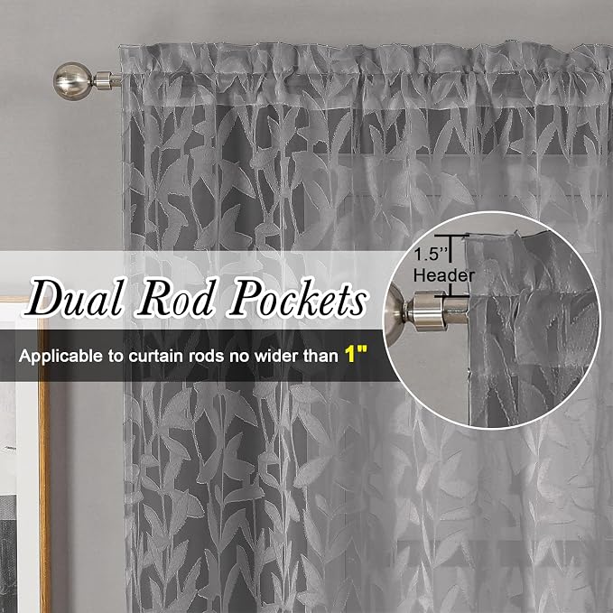 Lecloud Leia Charcoal Grey Curtains Sheer Valances - Image 2