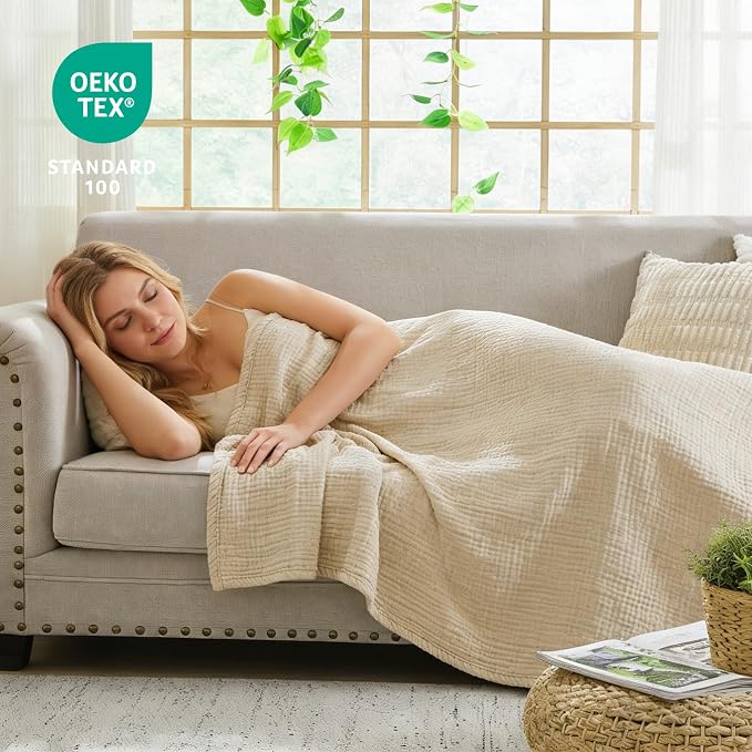 EMME Cotton Bed Blanket Twin Size Soft Muslin Boho Bedding Lightweight - Image 2