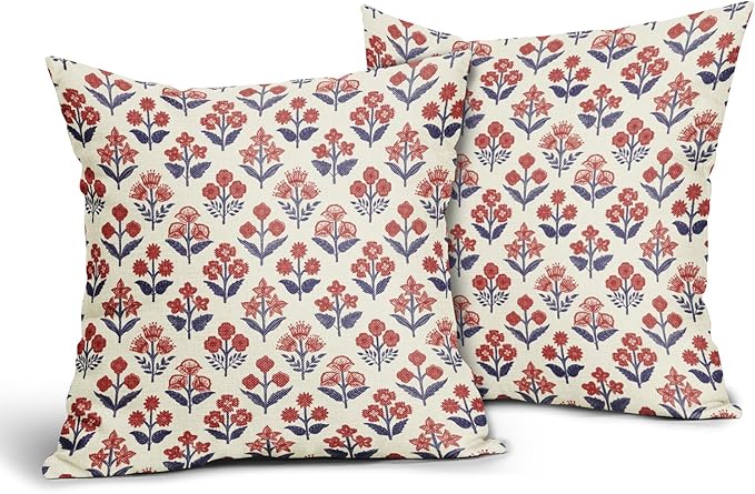 4th of July Patriotic Floral Block Print Pillow Covers 20x20 Inch Set of 2 - Image 2