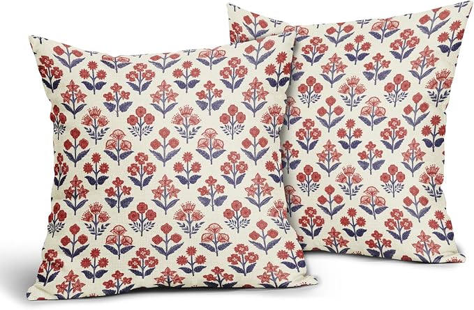 4th of July Patriotic Floral Block Print Pillow Covers 18x18 Inch Set of 2 - Image 2