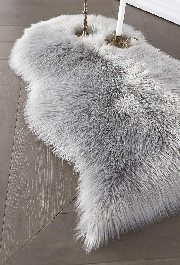 SERISSA Faux Sheepskin Fur Area Rug Grey Fur Chair Cover Seat Pad Small Fuzzy - Image 5