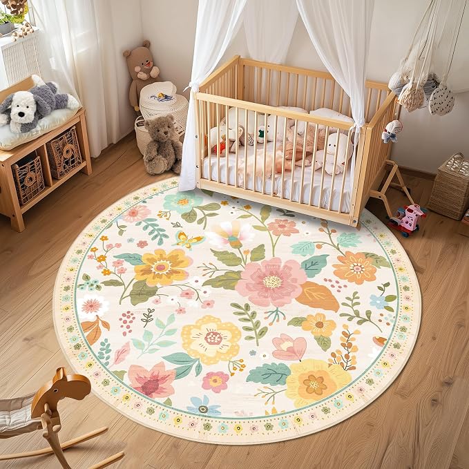 RELEANY Floral Nursery 6ft Area Rugs Washable Print Boho Cute Carpet Non Slip by RELEANY