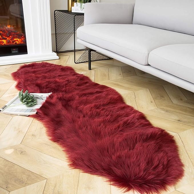 Ashler Faux Fur Rug, Deep Red Area Rugs, Fluffy Sheepskin Fur Rug, Fuzzy Ultra by AshlerHomeDeco