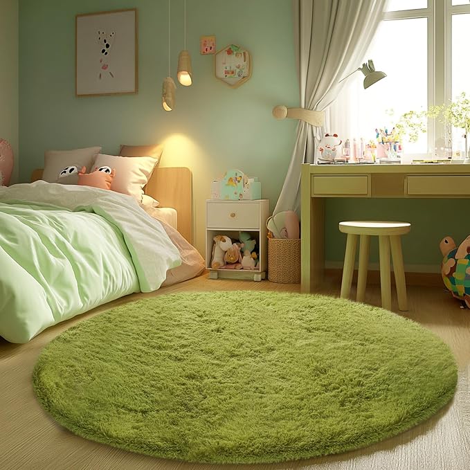 CAIYUECS Green Round Rug for Bedroom: 4x4Feet Soft and Fluffy Area Rug for - Image 4