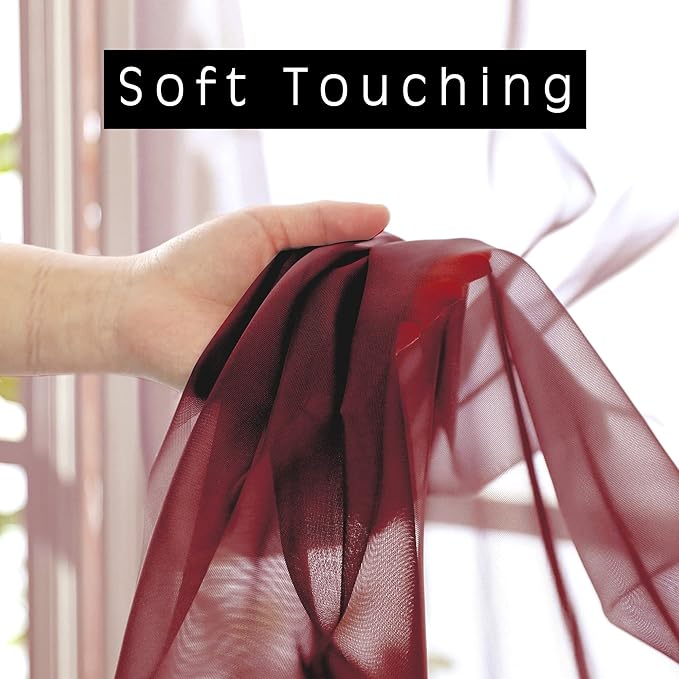 OVZME 2 Panels Window Burgundy Sheer Curtains 42" x 45" Inches - Image 3