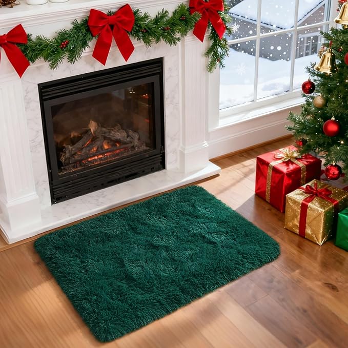 Merelax Fluffy Shaggy Area Rug, Deep Green 2x3 Small Rugs by Merelax