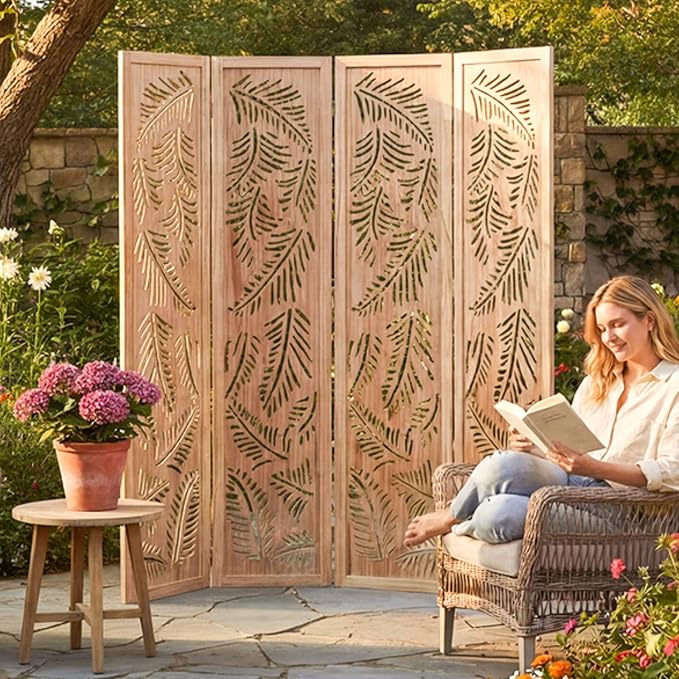 Boho Room Divider with Feather Carving, 4-Panel Openwork Wood Screen, by Jostyle