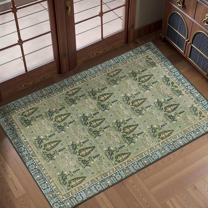 Tangsoo 2x3 Small Washable Entry Rug, Vintage Boho Green Floral Rug - Image 2