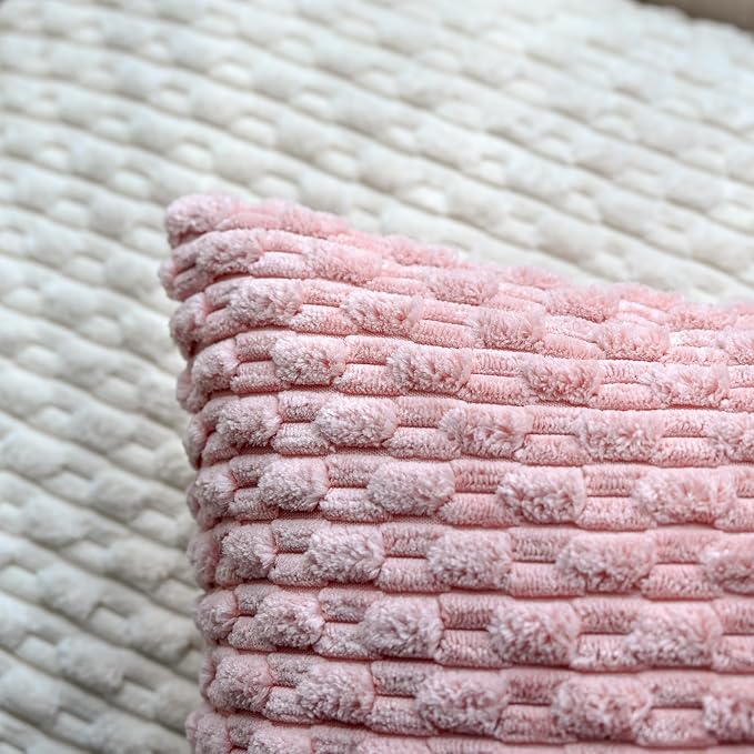 Set of 4 Pink Beige White Decorative Throw Pillow Covers 20x20 Inch Corduroy - Image 3