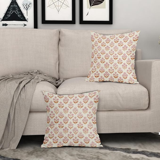 Orange Pink Floral Block Print Pillow Covers 18x18 Inch Set of 2, Vintage - Image 3