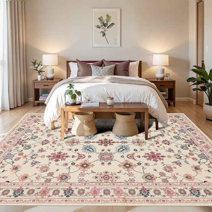 Rugxara Pink Rug for Living Room Bedroom, Floral 6x9 Washable Rug, Vintage Boho - Image 2