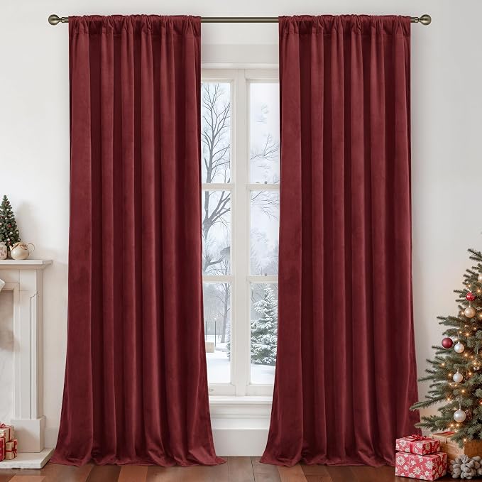 LAMIT Velvet Curtains 90 Inch for Theater, Burgundy Red Thermal Insulated - Image 2
