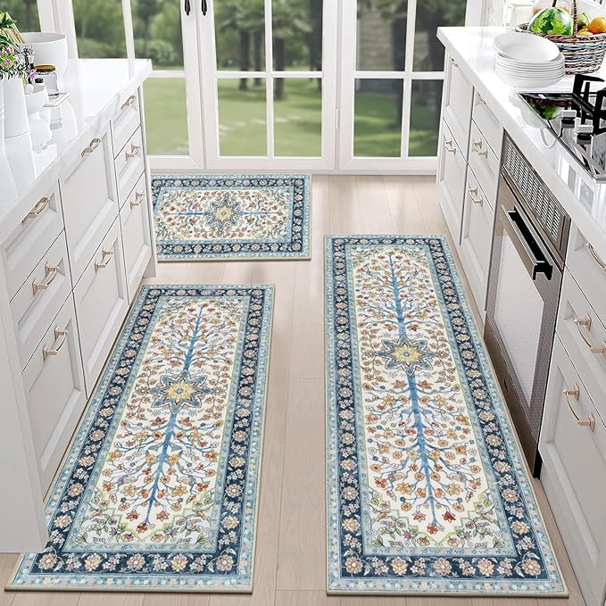 HEBE Boho Kitchen Rugs Sets of 3 Non Slip Washable Farmhouse Kitchen Rugs and by HEBE