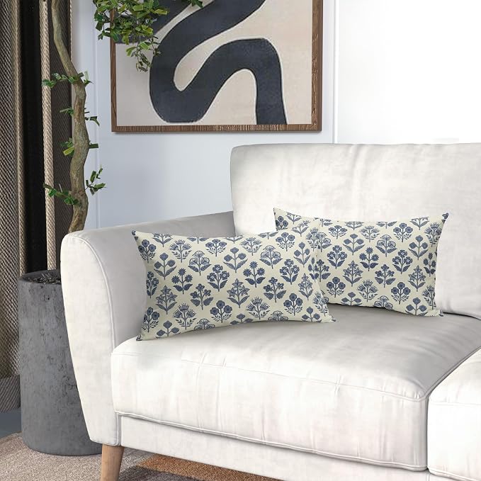 Dark Blue Floral Pillow Covers 12x20 Inch Set of 2, Block Print Lumbar Flower - Image 6
