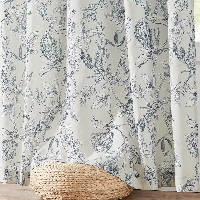 jinchan Floral Curtains 63 Inch Length Blue Flower Linen Farmhouse Curtain - Image 7