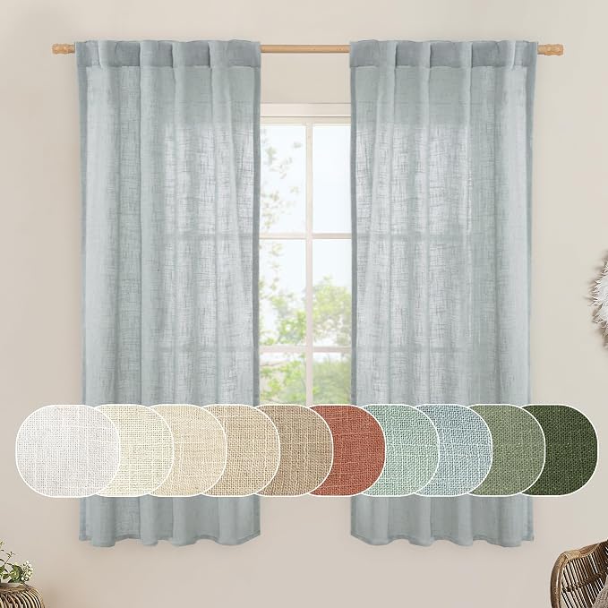 LAMIT Linen Curtains 60 Inch Length 2 Panels, Light Filtering Panels Back Tab by LAMIT