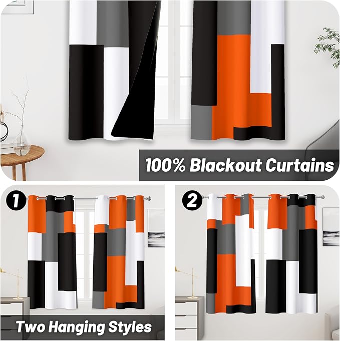 Tyrot Orange 100% Blackout Curtains 45 inch Length 2 Panels Set White Grey - Image 2