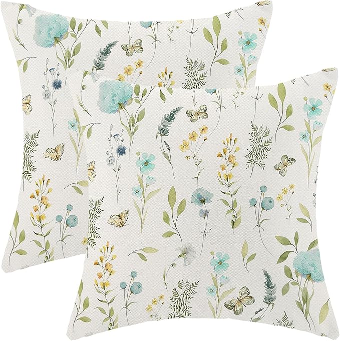 Spring Pillow Covers 16x16 Inch Set of 2, Aqua Teal Sage Green Wild Flower by AEIOAE