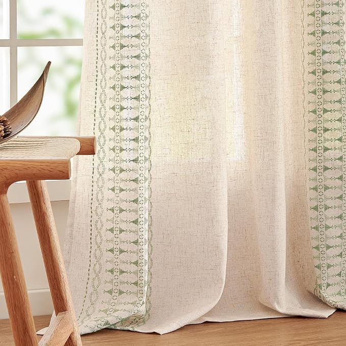 jinchan Boho Curtains for Bedroom Linen Blend Sage Green Embroidered Bordered - Image 8