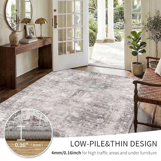 Vintage 8x10 Grey Rug For Living Room, Washable Large Area Rugs for Bedroom - Image 7