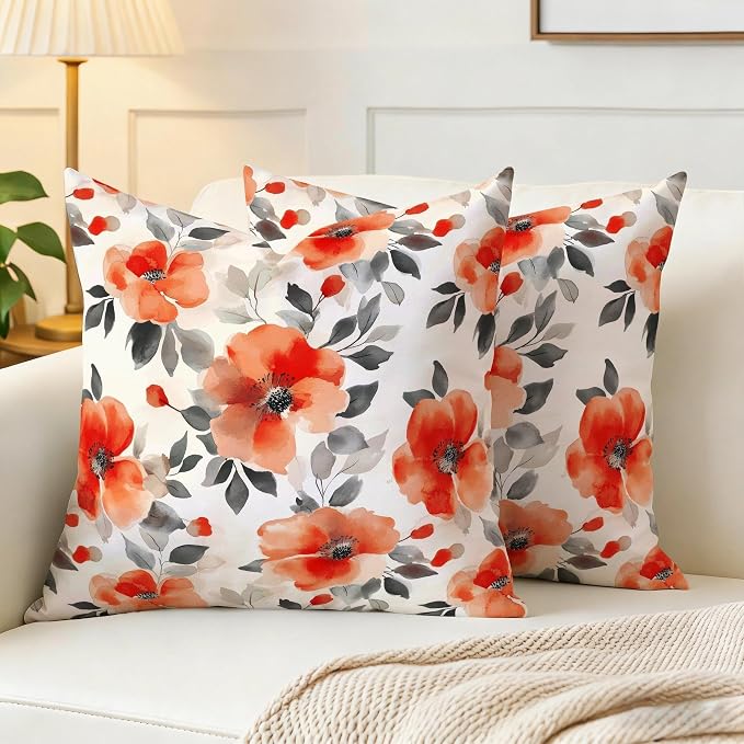 Burnt Orange Watercolor Floral Throw Pillow Covers 18x18 Set of 2, Spring Black - Image 3