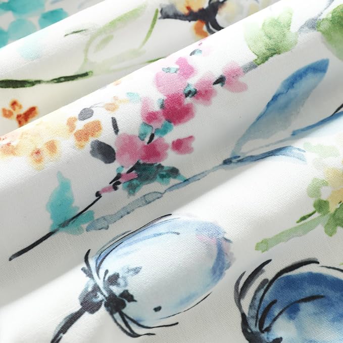 Leeva Blue Watercolor Floral Pleated Valance, Linen Textured Rod Pocket Scallop - Image 7