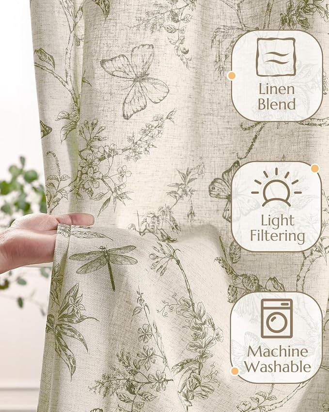 jinchan Floral Linen Curtains for Living Room 63 Inch Length Butterfly Sage - Image 4