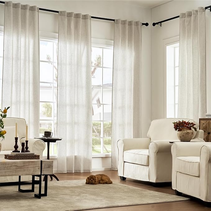jinchan Linen Curtains Taupe Grey on Beige Striped Curtains - Image 3