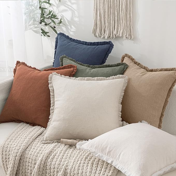 MIULEE Decorative Throw Pillow Covers Neutral Linen Fringe Throw Pillows Set of - Image 6