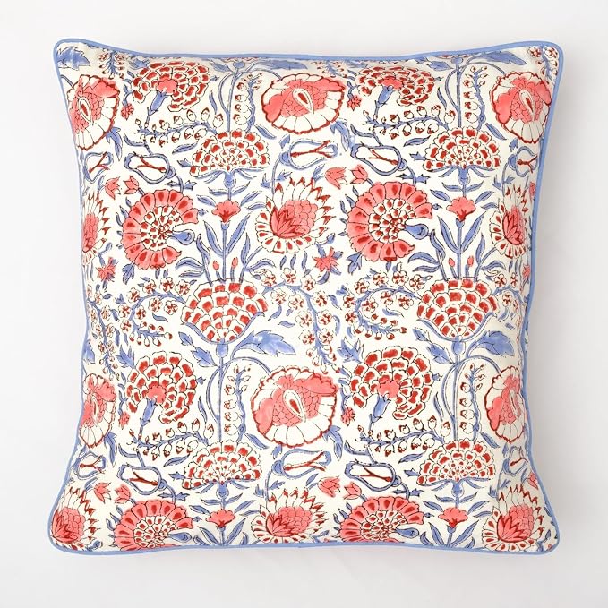 Ridhi Block Print Flamingo Pink Pillow Cover 24" x 24" Decorative Couch Pillows by Ridhi
