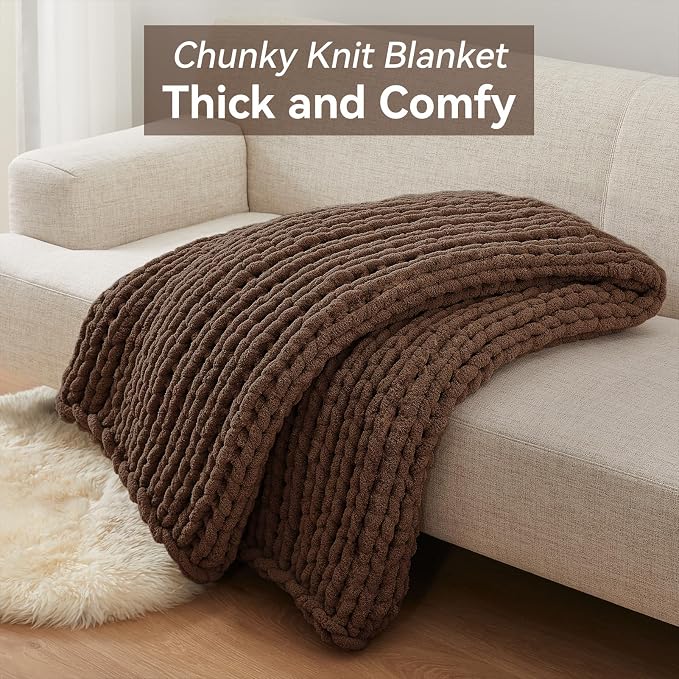 Negwoo Chunky Knit Throw Blanket, Handmade Dark Brown Crochet Big Thick Blanket - Image 4