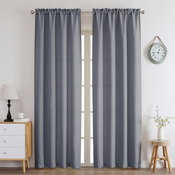 Chyhomenyc Dark Grey Curtains 90 Inch Length 2 Panels Set, Faux Linen Textured - Image 2
