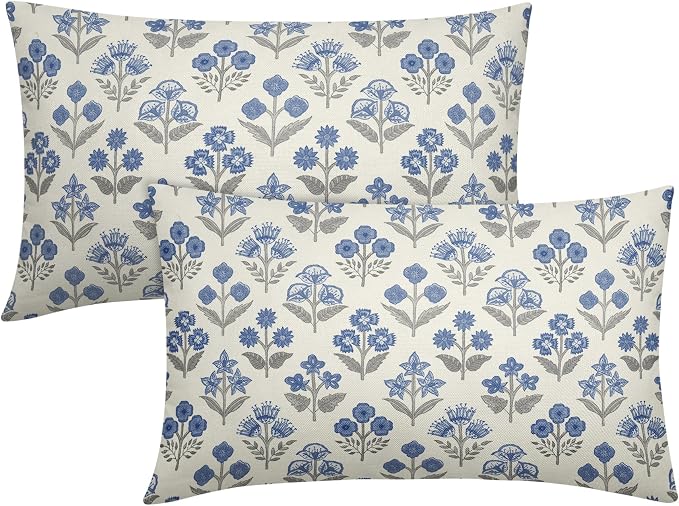 Blue Grey Gray Floral Pillow Covers 12x20 Inch Set of 2, Block Print Lumbar by Sivirary