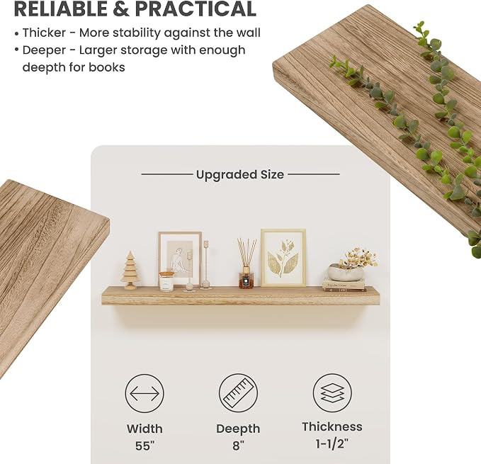 Solid Wood Floating Shelves for Wall 55"W x 8"D x 1.56"H Set of 1, Deep Wall - Image 4