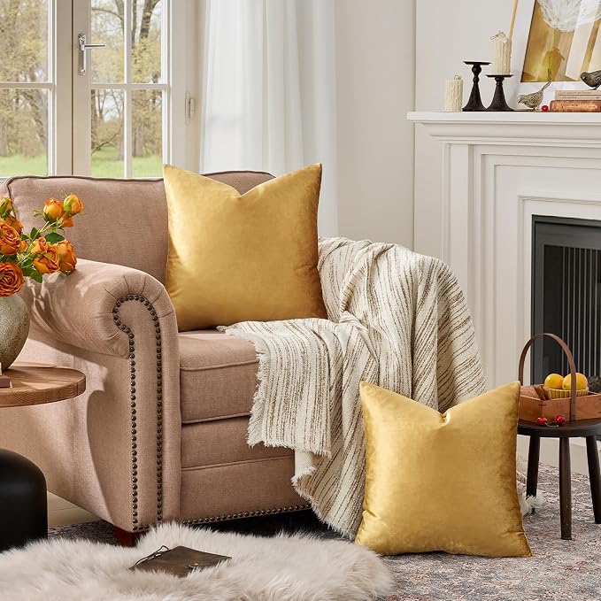 GIGIZAZA Golden Throw Pillow Covers 24x24 Decorative Velvet Cushion Covers Pack - Image 3
