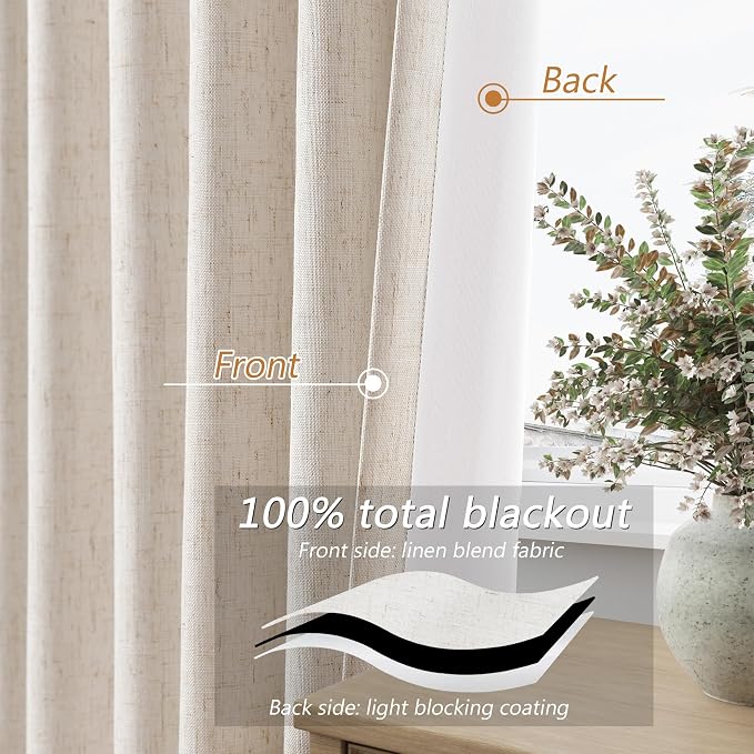 Guken 100% Blackout Linen Curtains 144 Inch Length 2 Panels Set - Image 3